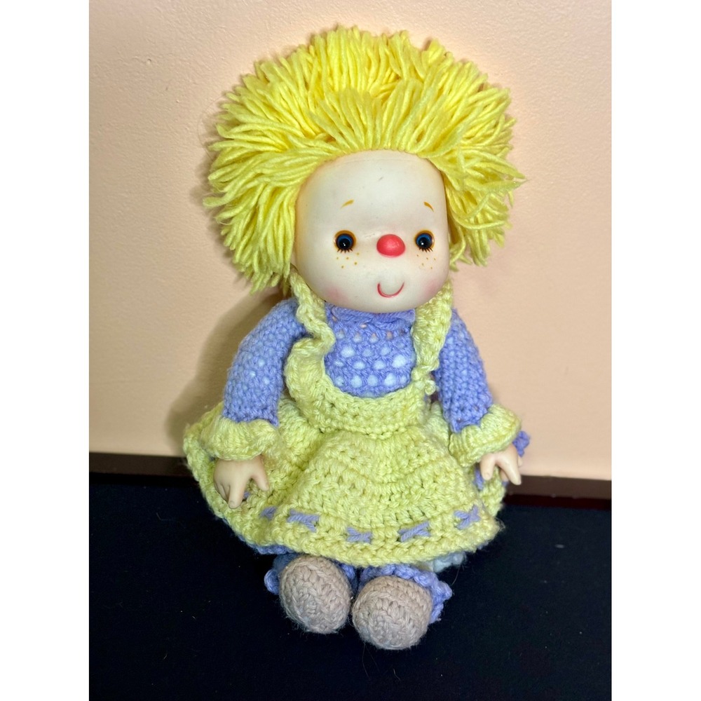 Vintage 1980s Handmade Crochet Doll Komfy Kids Style Vinyl Freckle Face
